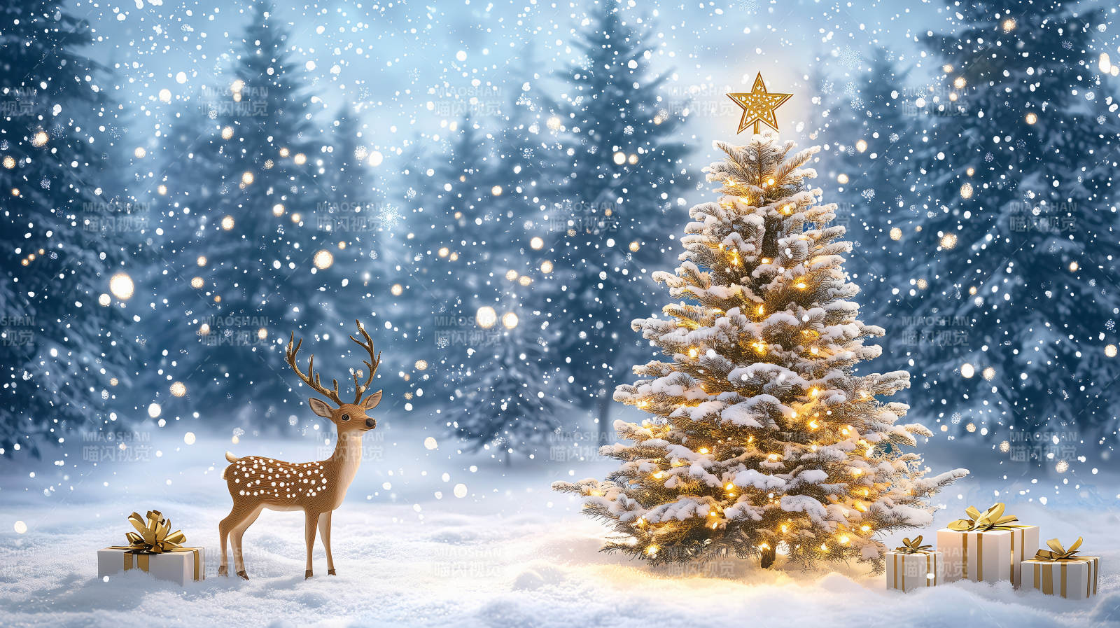 雪夜圣诞树与鹿图片