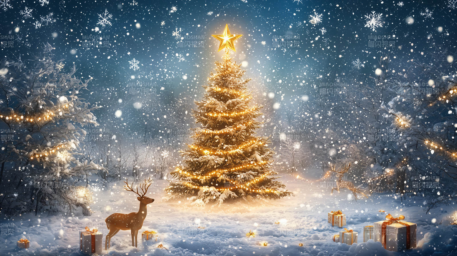 雪夜圣诞树图片