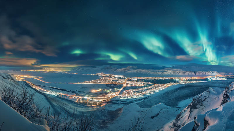 极光映雪夜城图片