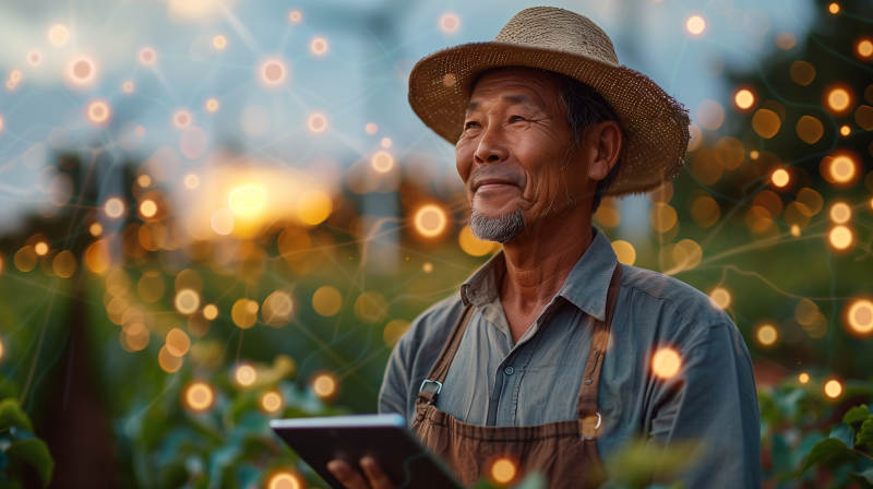 田园晚霞 农夫微笑图片