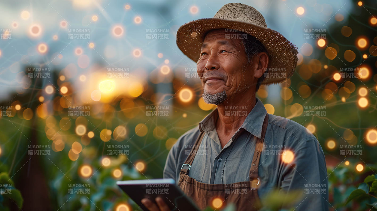 田园晚霞 农夫微笑图片