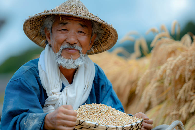 稻田老农收谷忙图片