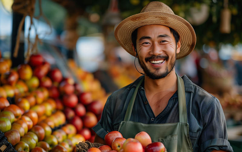 果摊上的微笑农夫图片