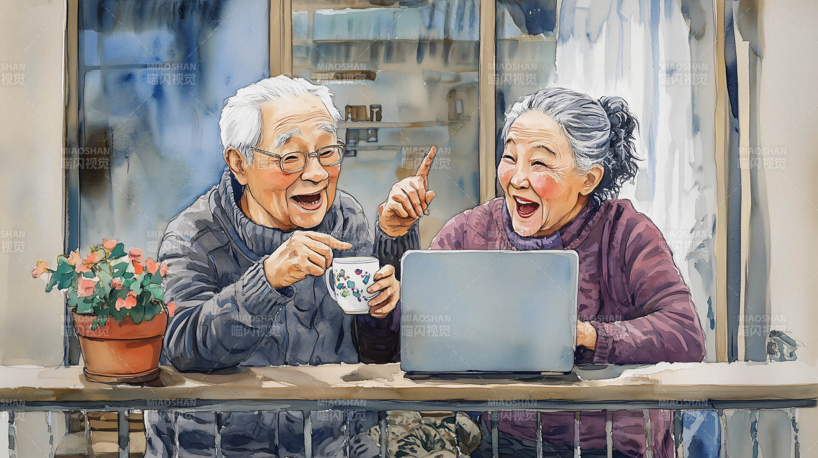 老夫妇共赏电脑趣事图片