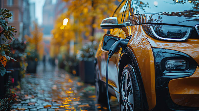 秋雨中充电的橙色电车图片