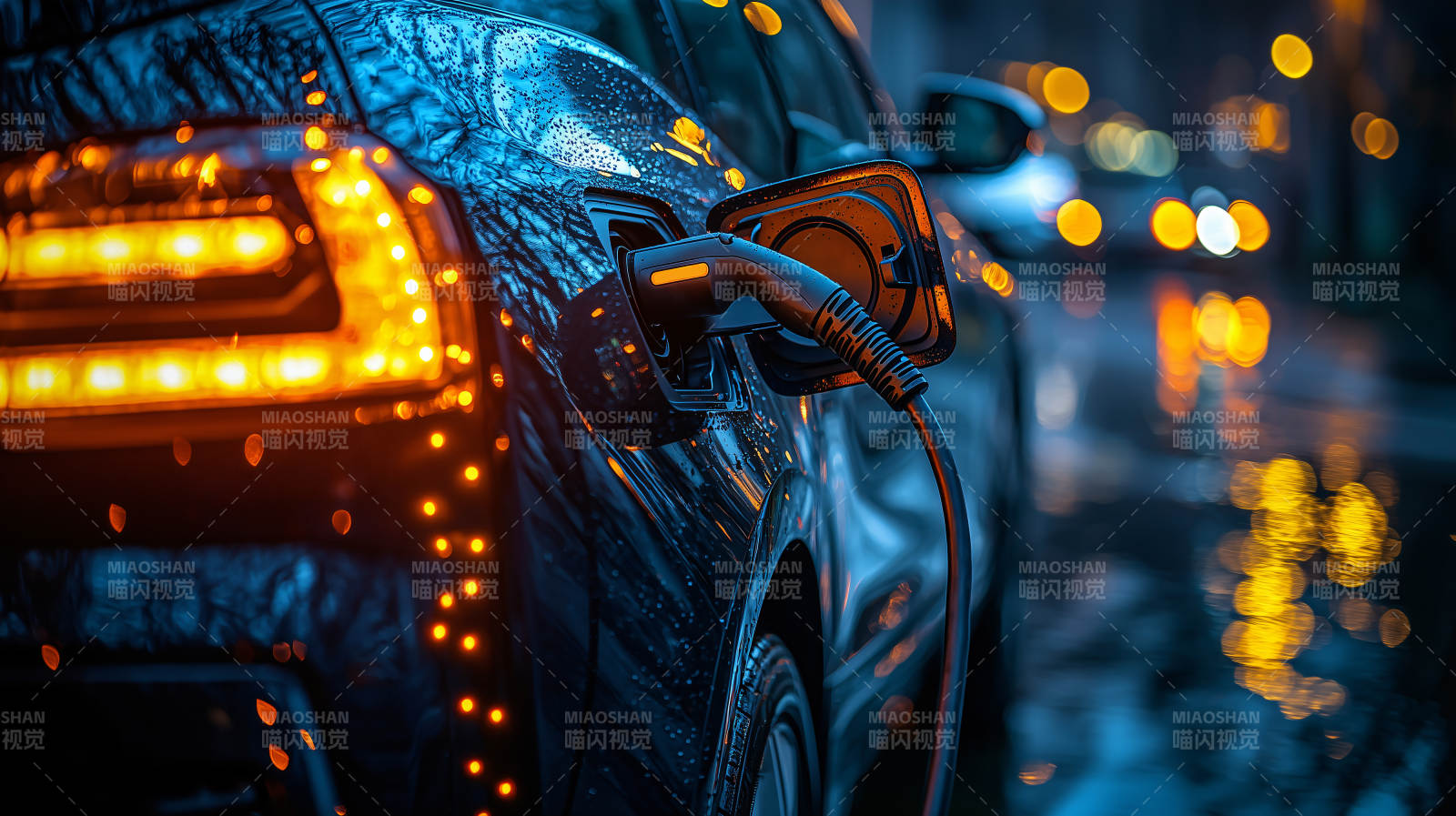 夜雨中充电的电动车图片