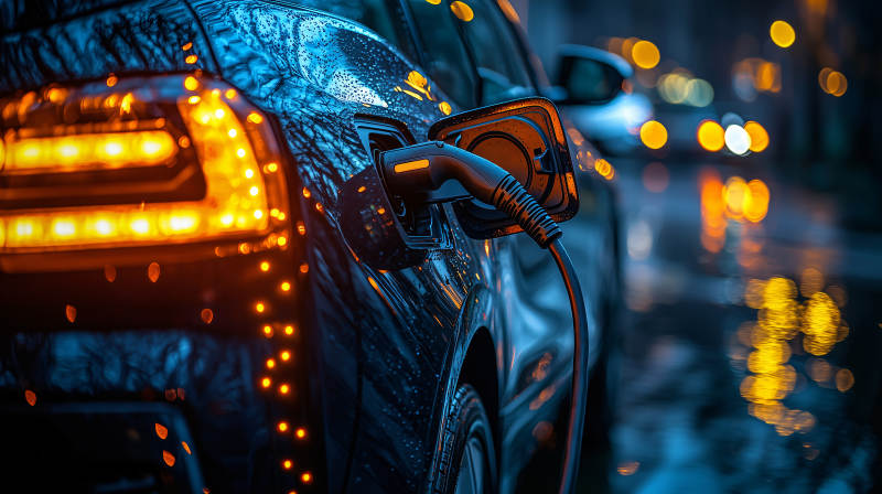 夜雨中充电的电动车图片