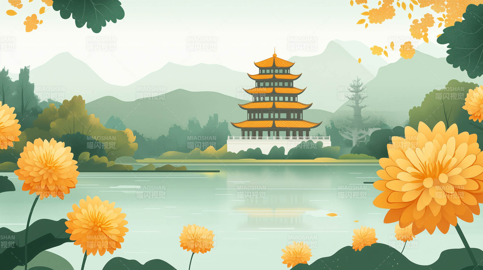 秋湖古塔图图片