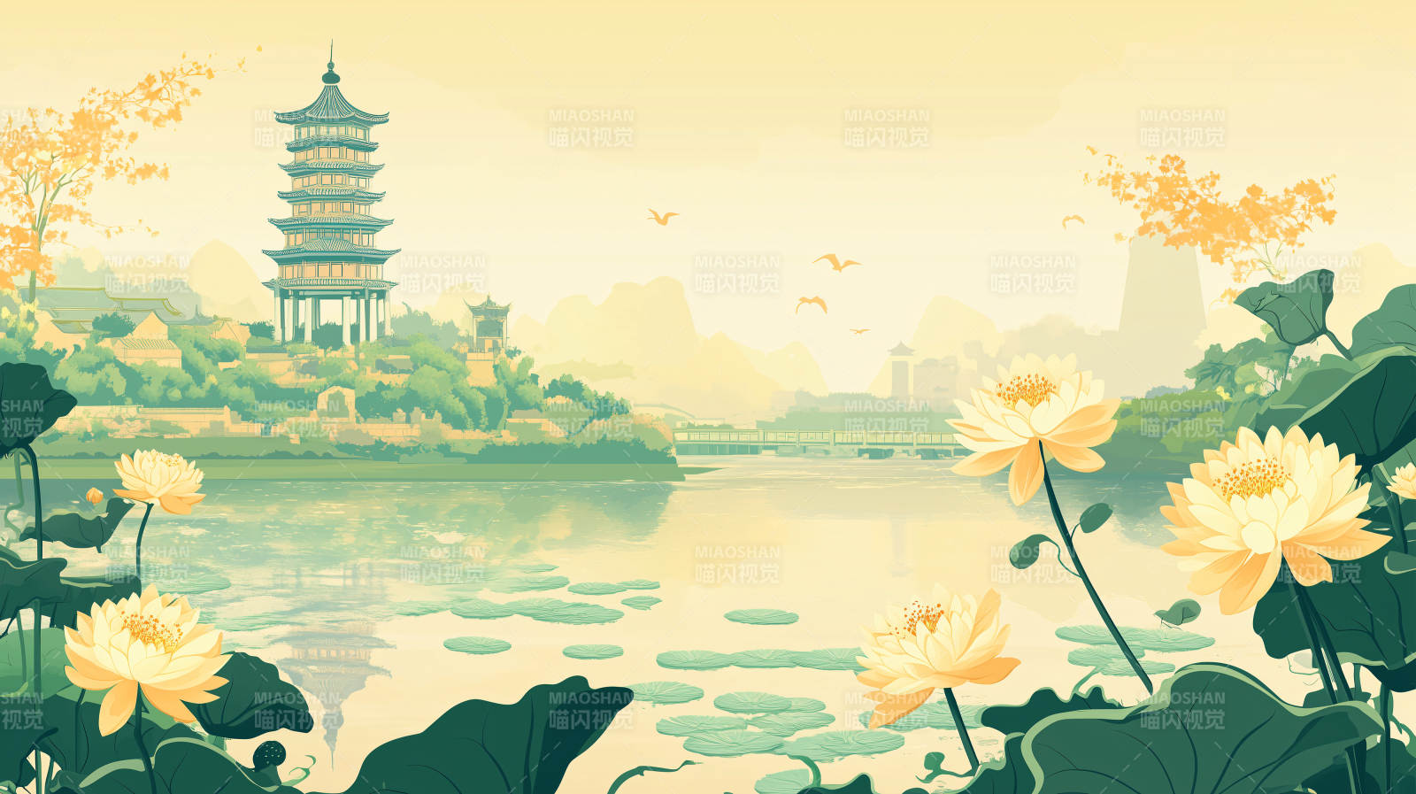 湖畔塔影花自开图片