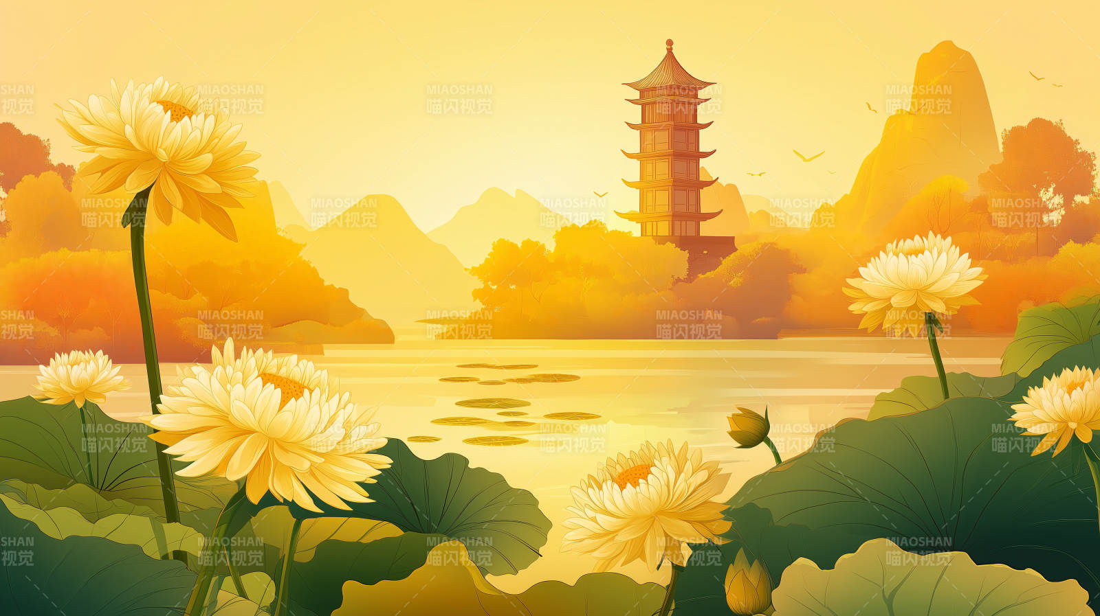 秋湖塔影菊香图片