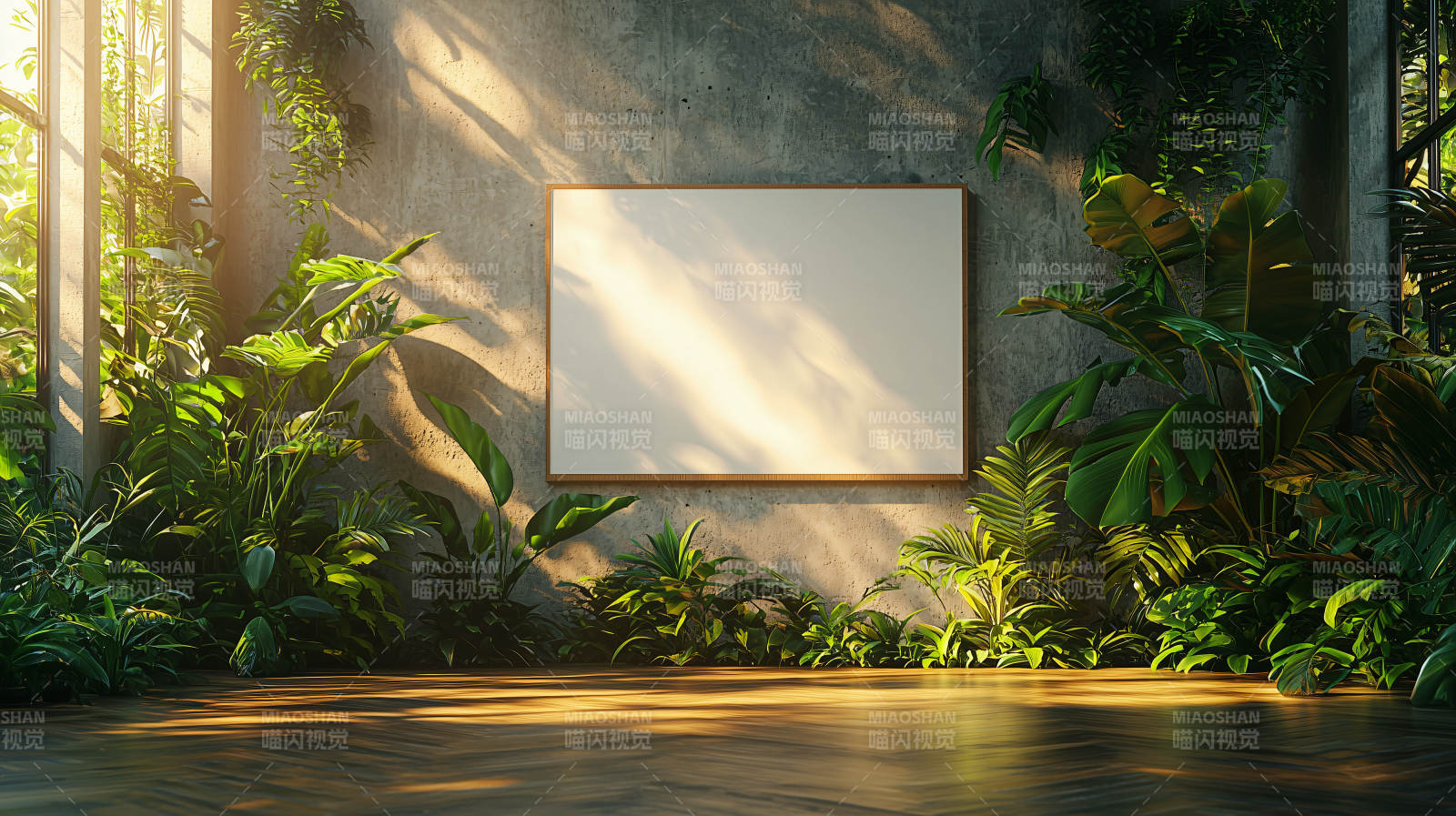 绿植环绕的空白画框图片