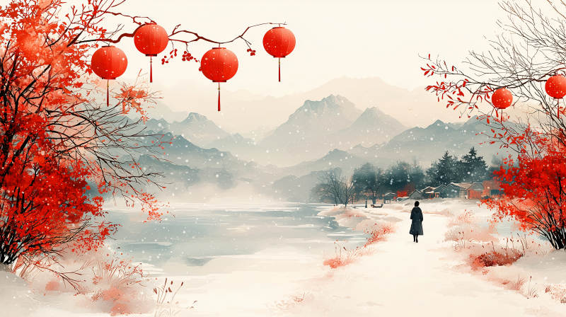 雪中红梅映灯笼图片