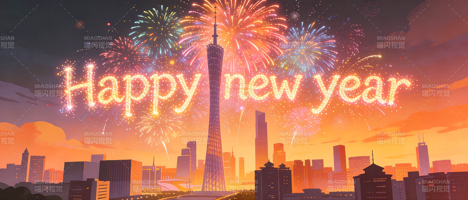 广州城市建筑新年快乐烟花璀璨图片