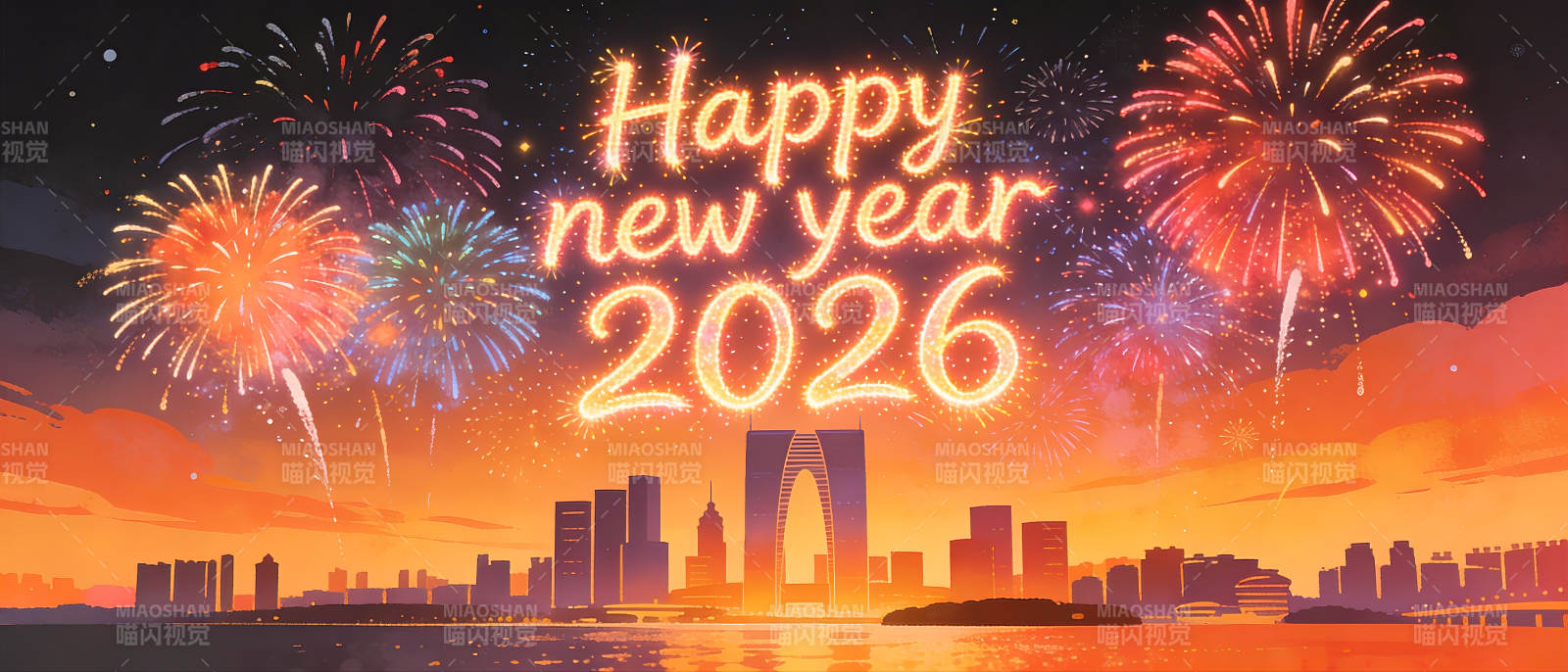 苏州城市建筑新年快乐烟花秀图片