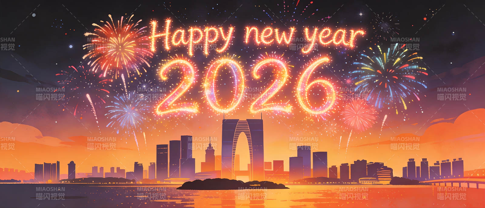 苏州城市建筑新年快乐烟花秀图片