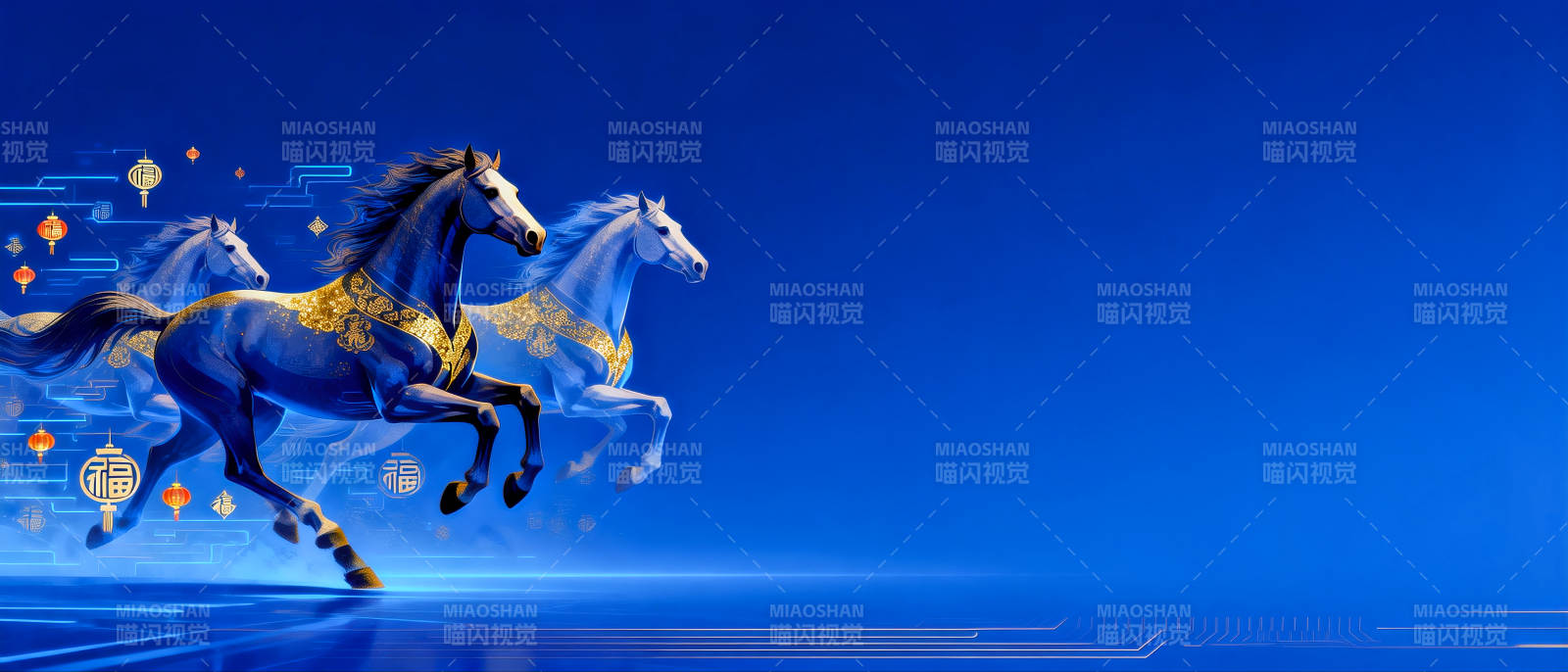 骏马奔腾蓝光闪耀国潮科技场景图片