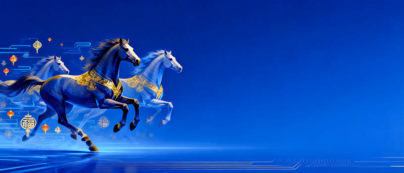 骏马奔腾蓝光闪耀国潮科技场景图片