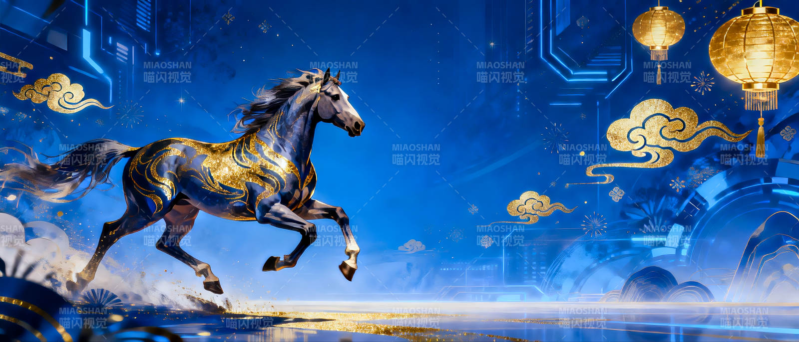 金马奔腾夜国潮科技场景图片