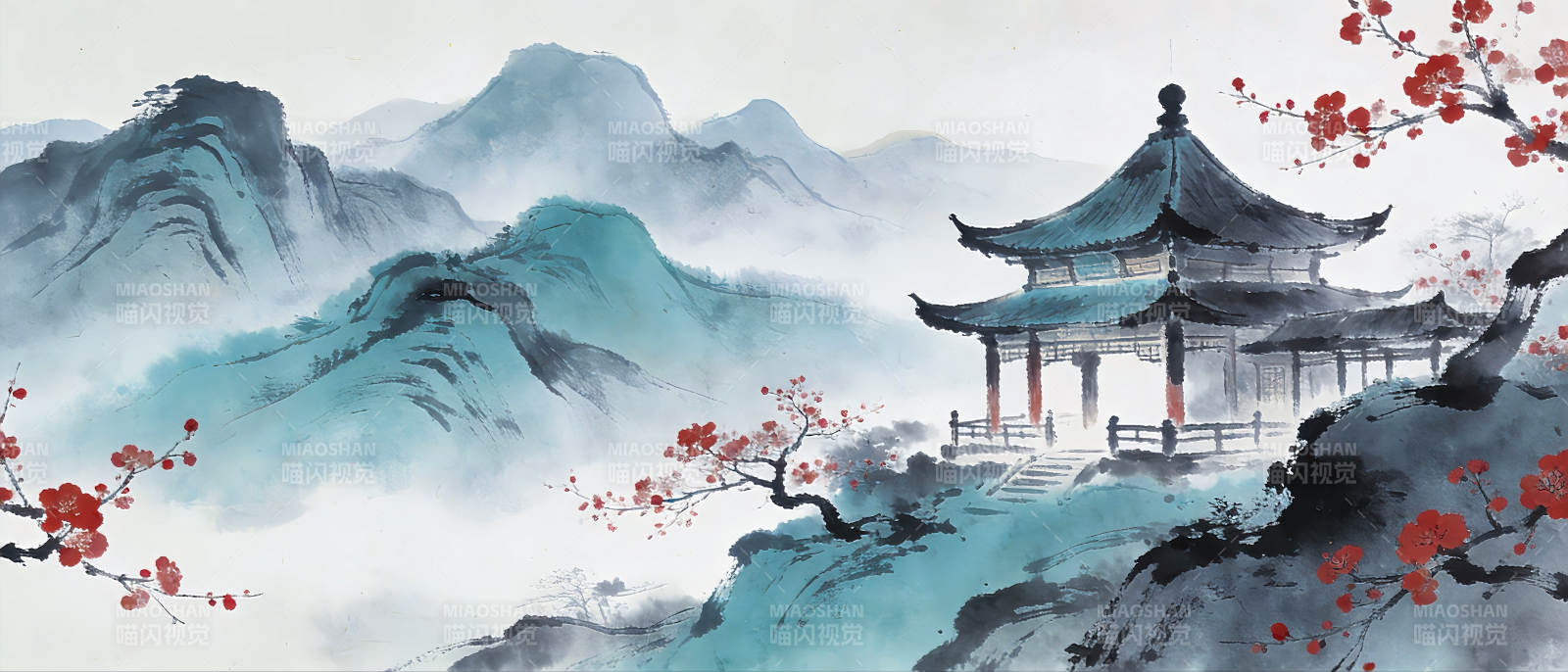 山水亭阁春意浓中式插画场景图片