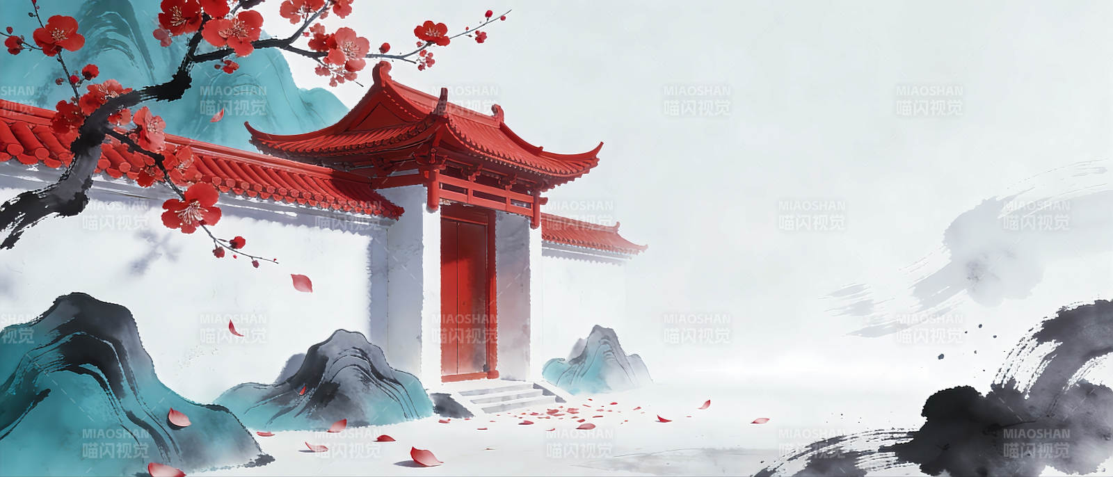 红墙映雪 梅开迎春中式插画场景图片
