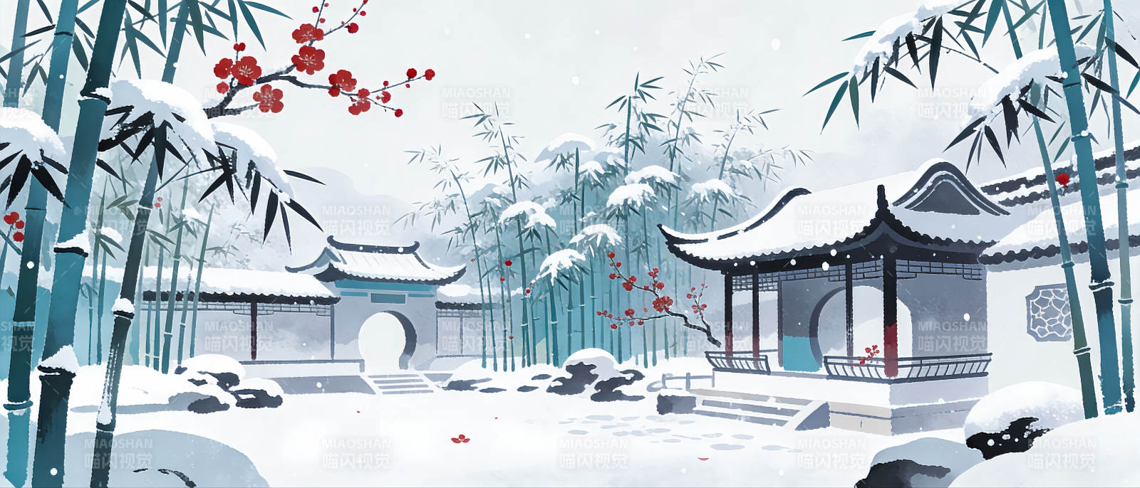 雪中竹园古亭中式插画场景图片