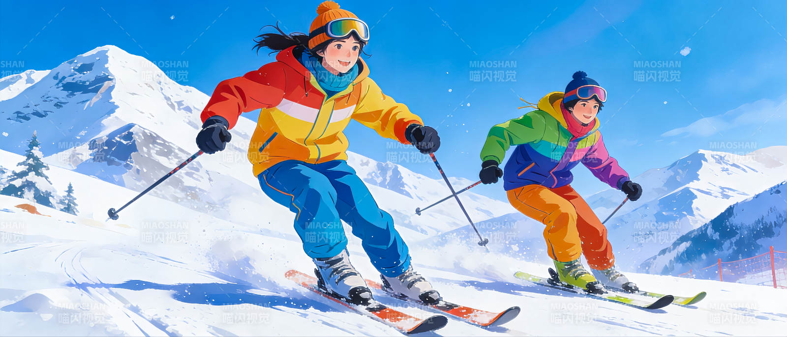 雪山滑雪乐插画场景图片