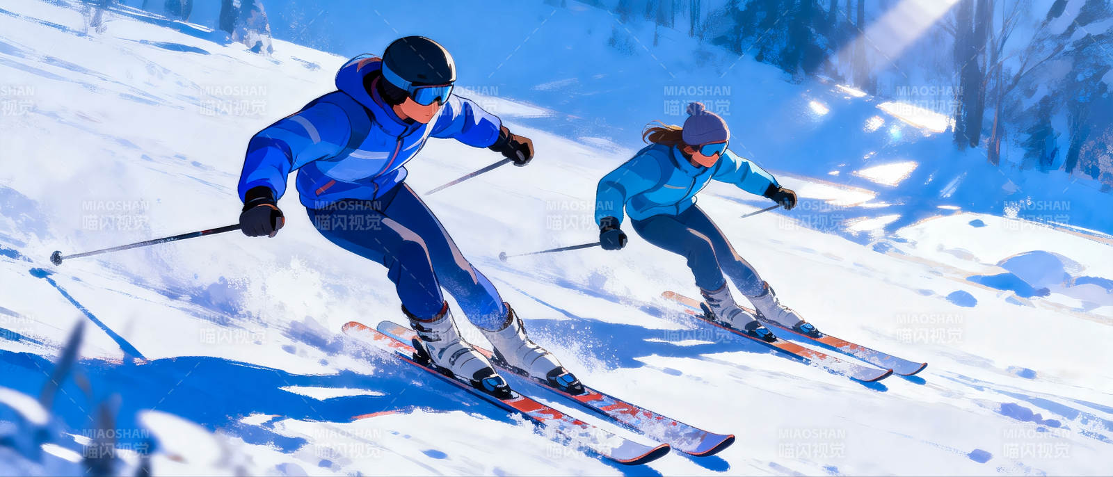 雪地双人滑雪插画场景图片