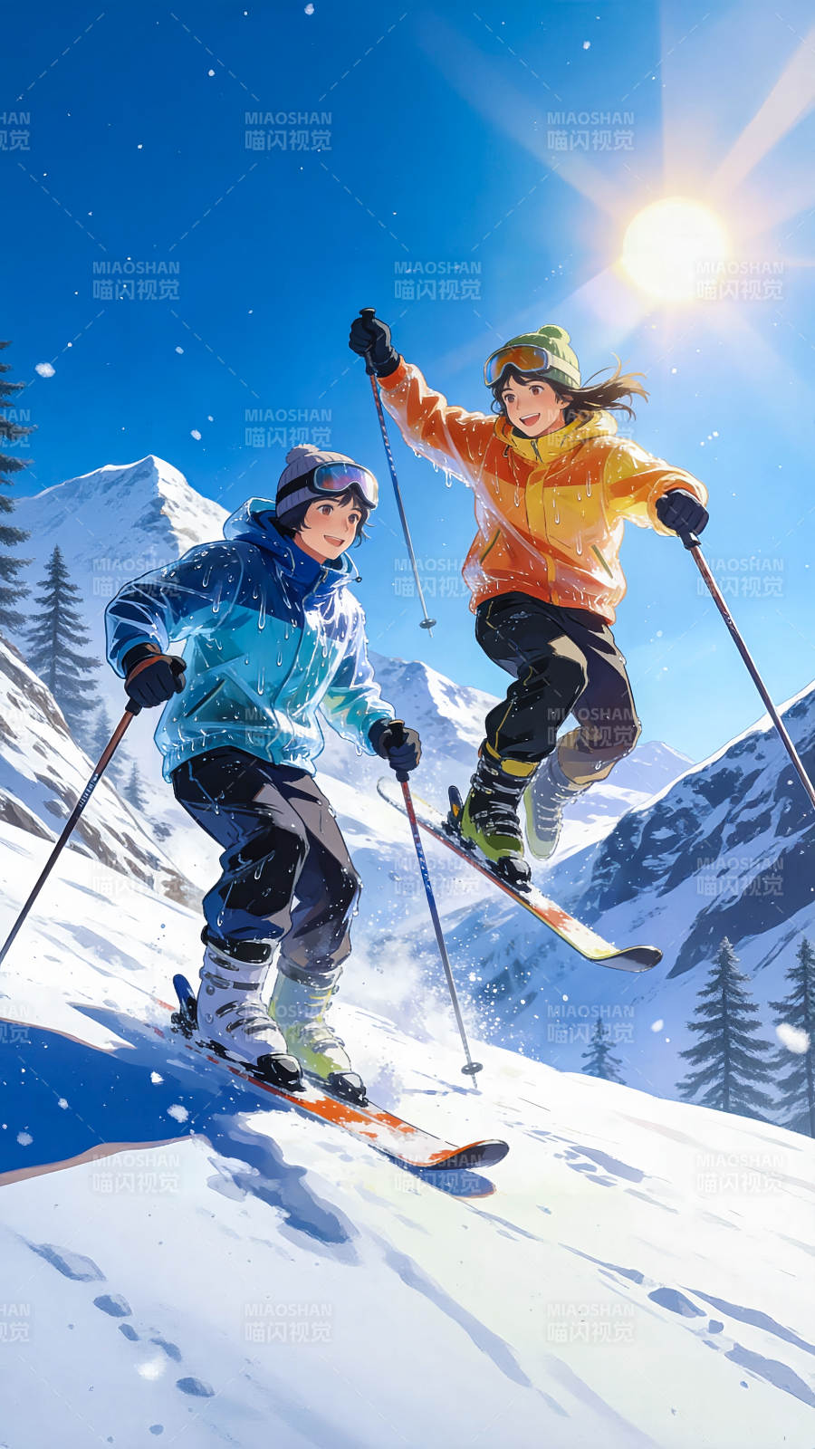 雪山滑雪双人行插画场景图片