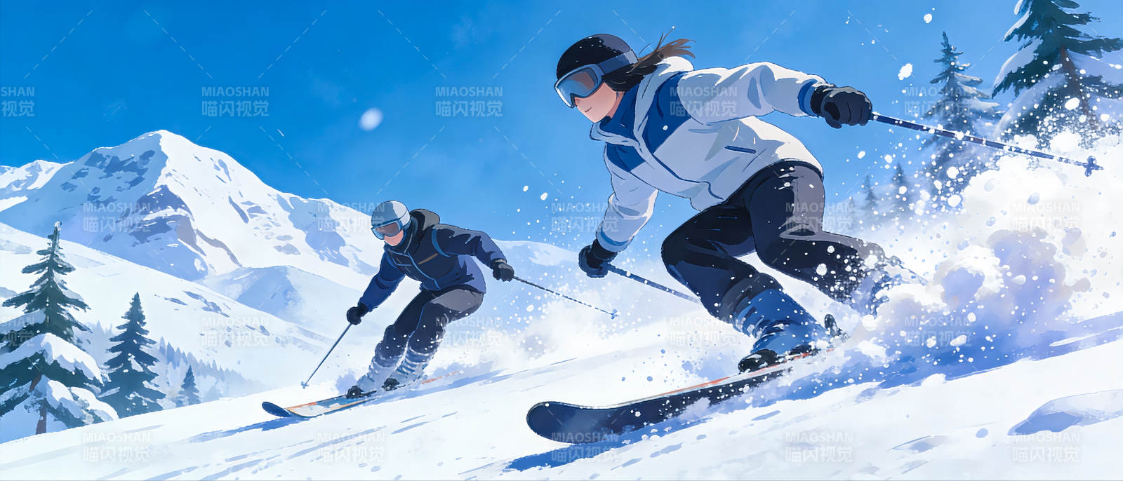 雪山滑雪乐插画场景图片