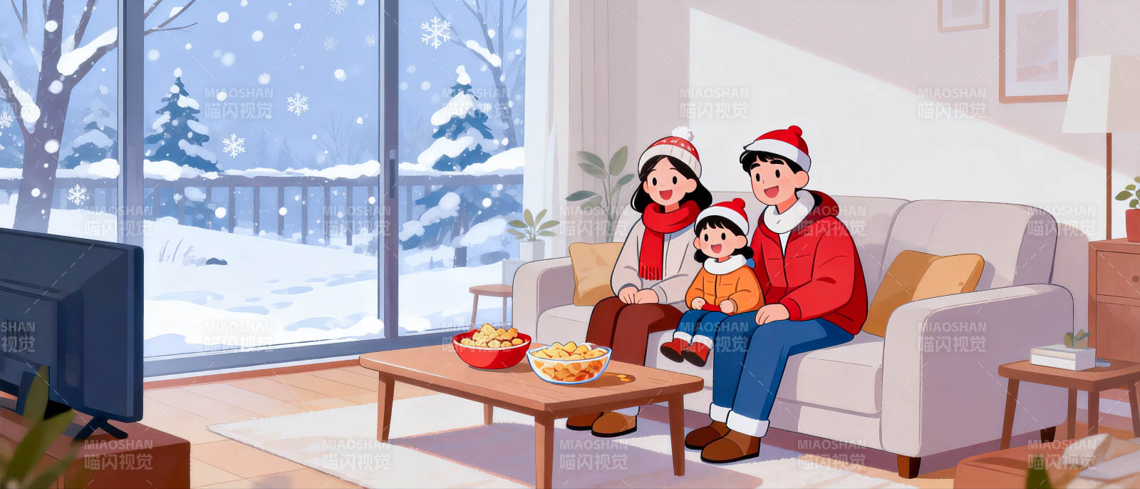 冬日温馨一家三口插画场景图片