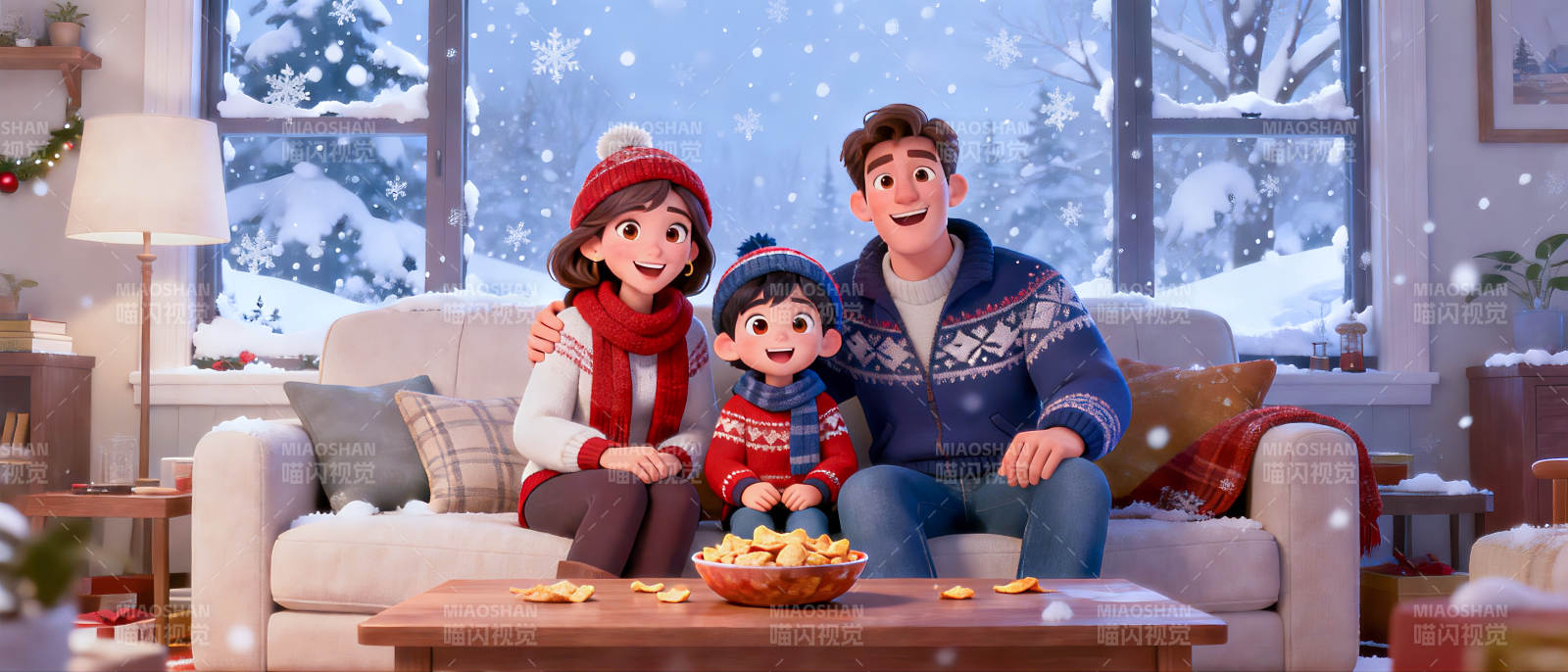温馨家庭冬日时光插画场景图片