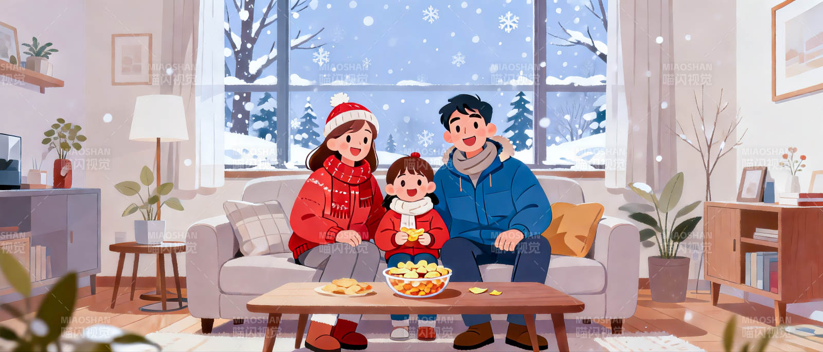 温馨家庭冬日插画场景图片