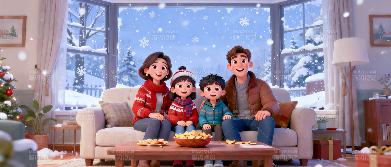 冬季温馨圣诞一家四口插画图片