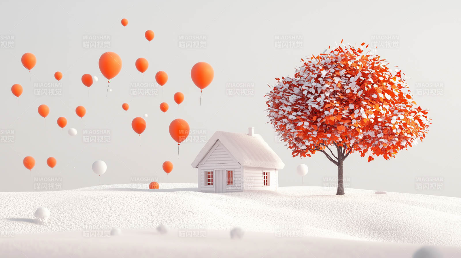 橙色气球与秋日小屋图片