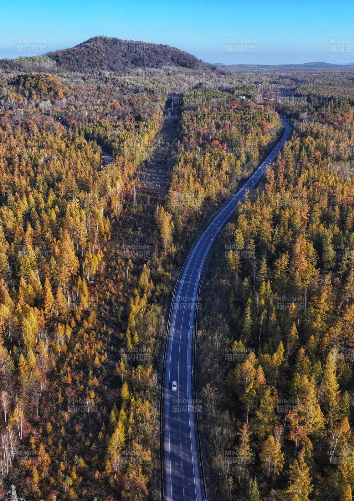 长白山林区秋日蜿蜒公路航拍图片