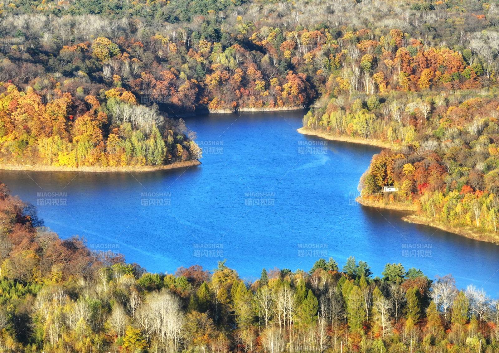 吉林省抚松县三江汇秋日湖林风光俯瞰航拍图片