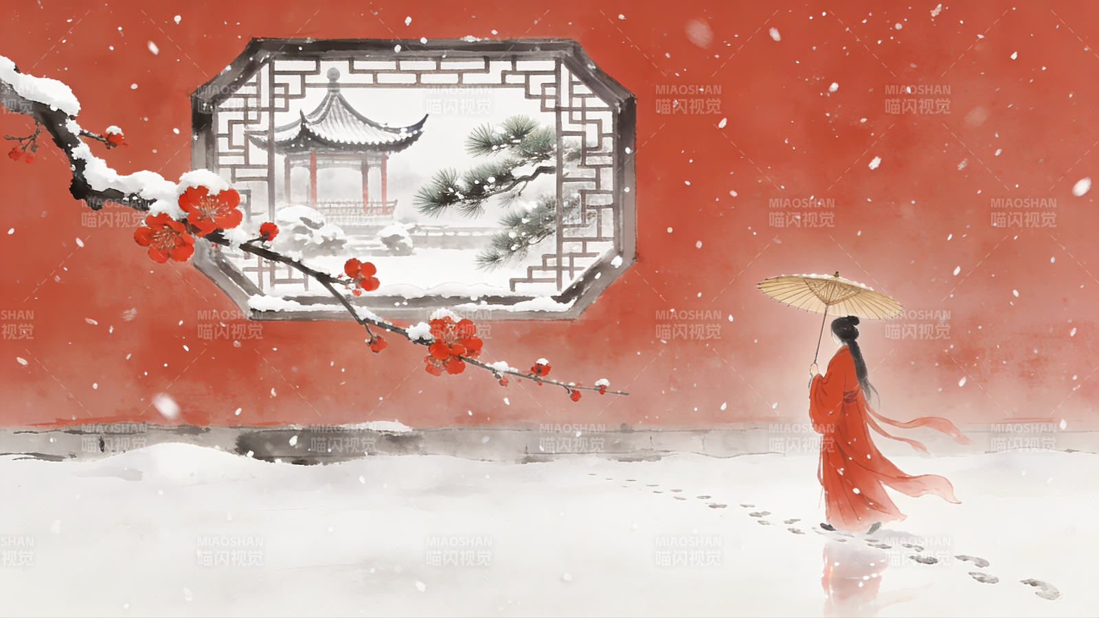 雪中红衣行图片