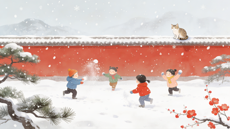 中式插画雪中嬉戏图片