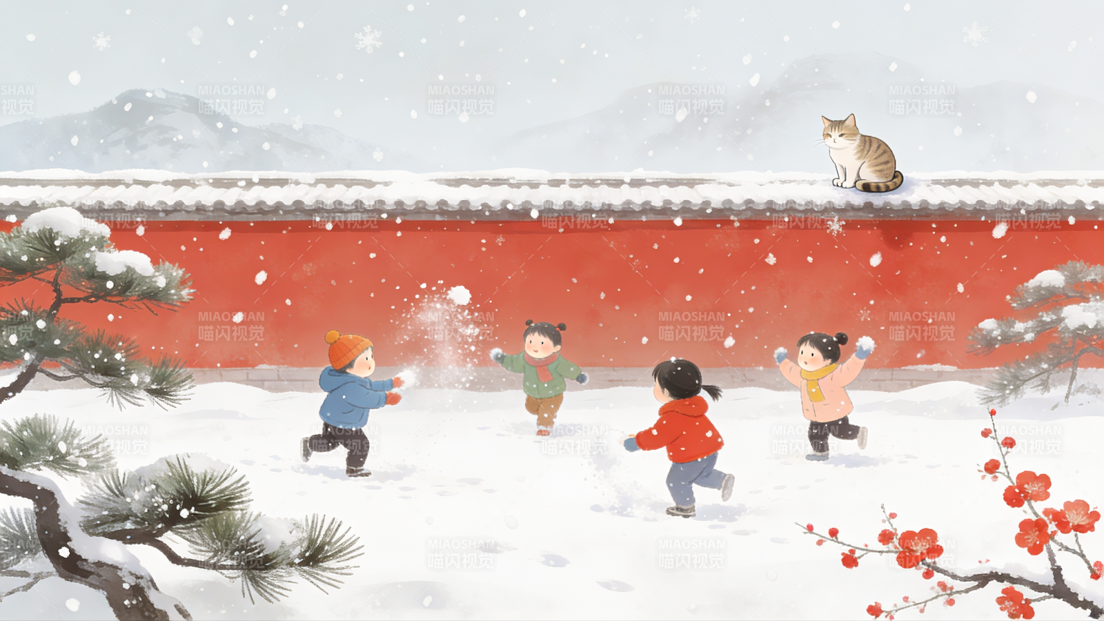 中式插画雪中嬉戏图片