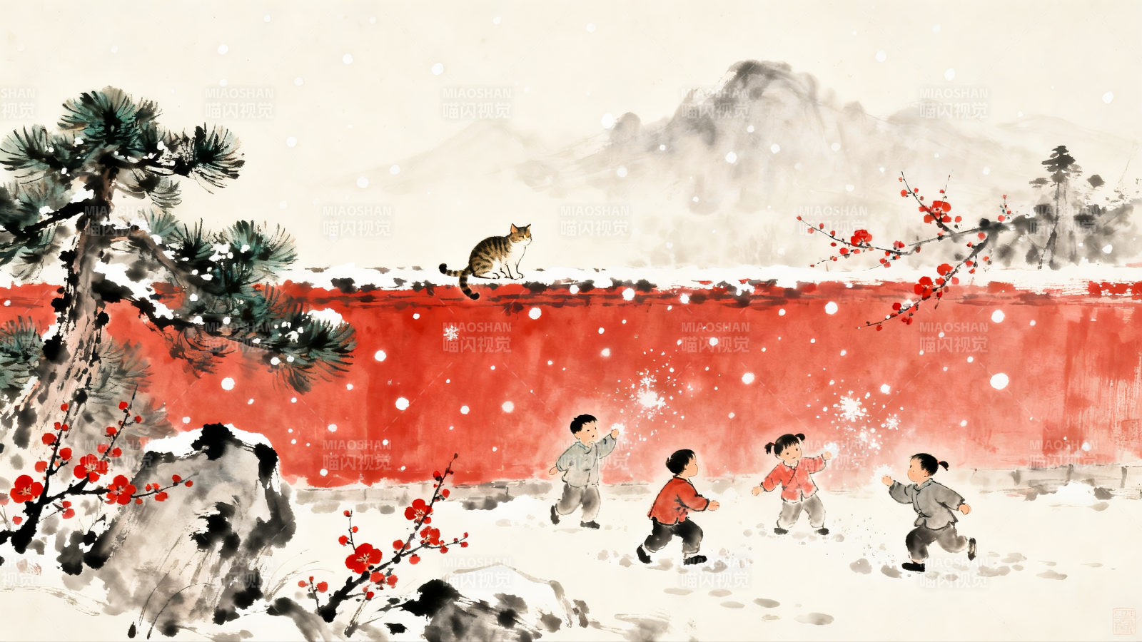 中式水墨画春节雪中嬉戏图片
