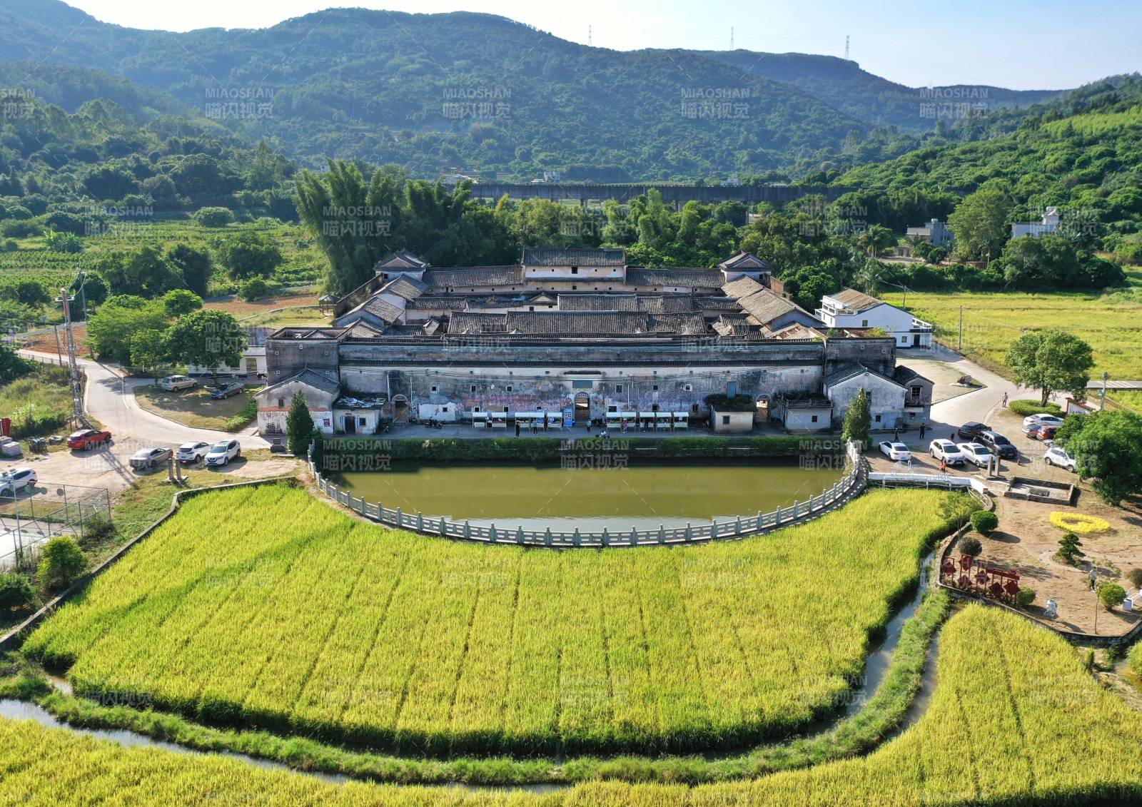 惠州市惠阳区客家围屋拱秀楼与金黄稻田图片