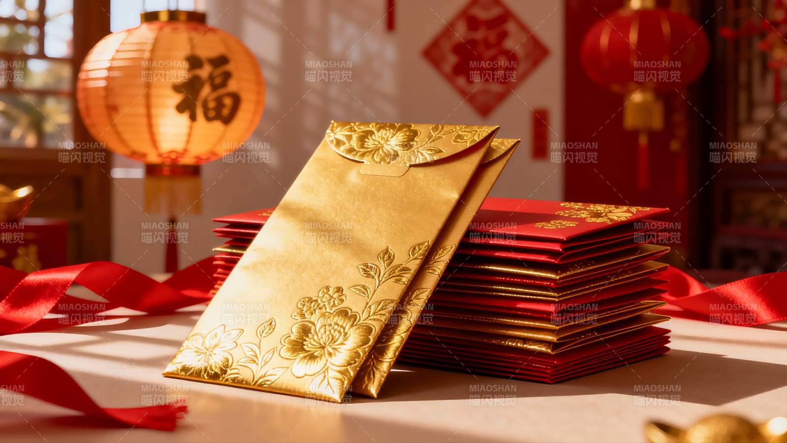 春节红包与红灯笼装饰图片