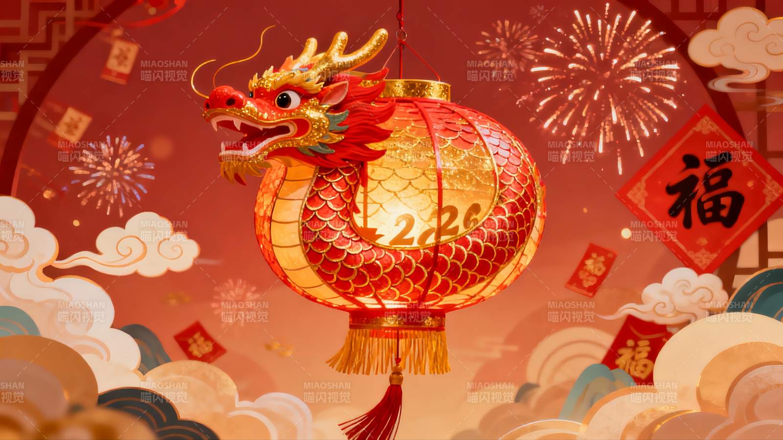 龙形灯笼烟花绽放迎新年图片