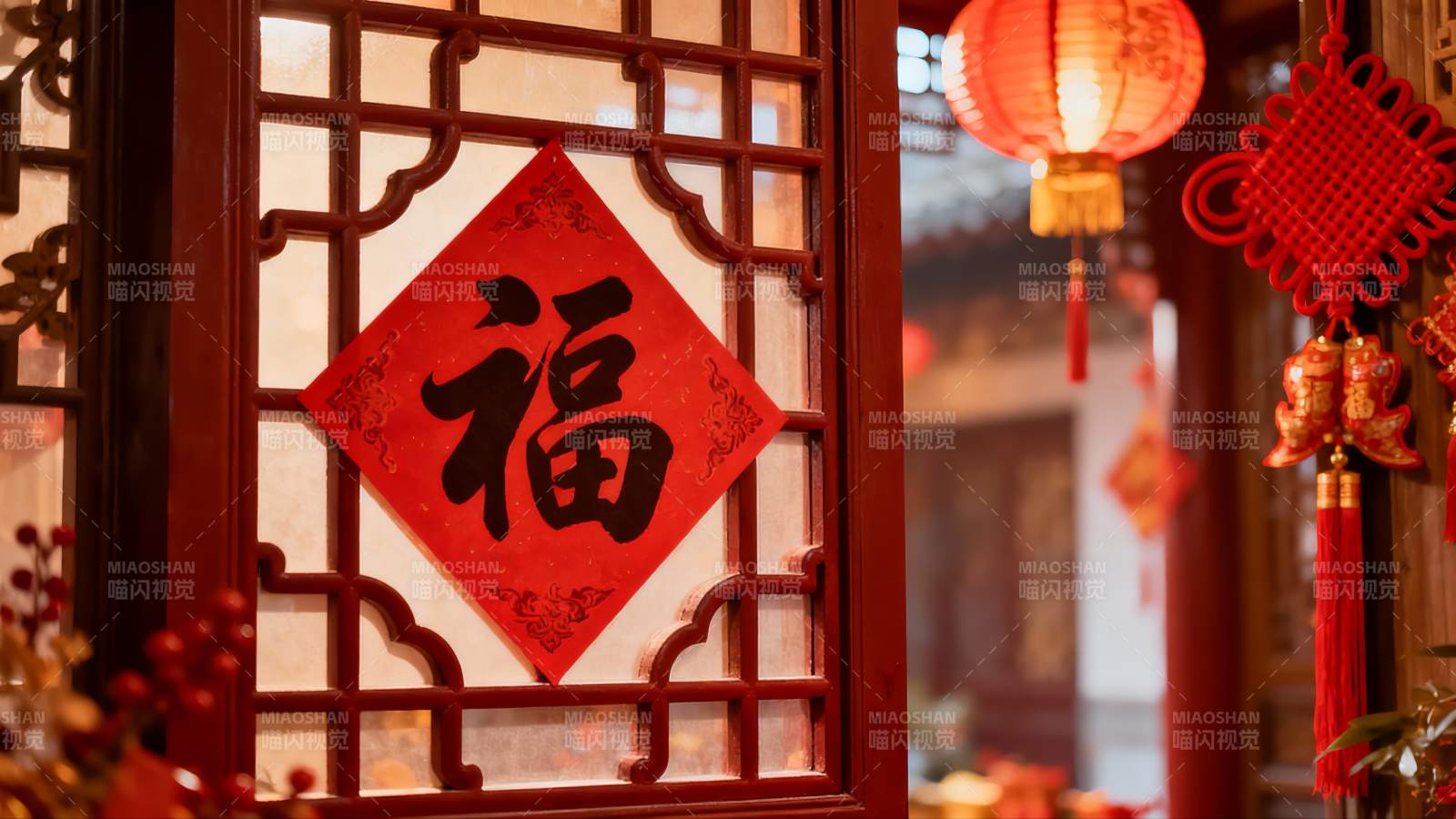 中式窗格挂福字灯笼装饰图片