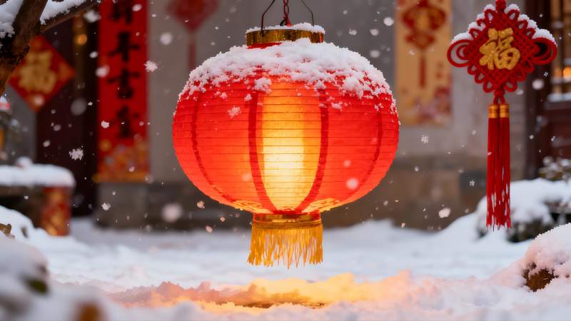 雪中红灯笼映衬节日氛围图片