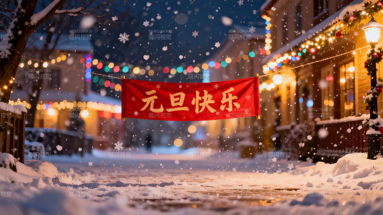 雪夜街道挂元旦快乐横幅图片