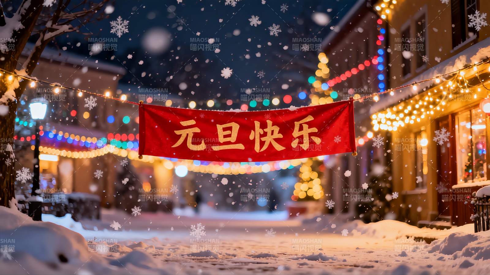 雪夜街道挂元旦快乐横幅图片