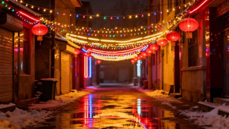 雪夜古街彩灯红灯笼图片