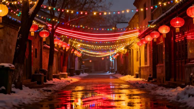 雪夜古街彩灯红灯笼图片