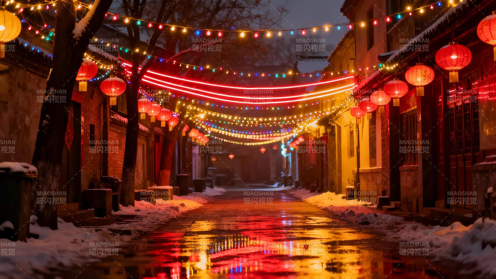 雪夜古街彩灯红灯笼图片